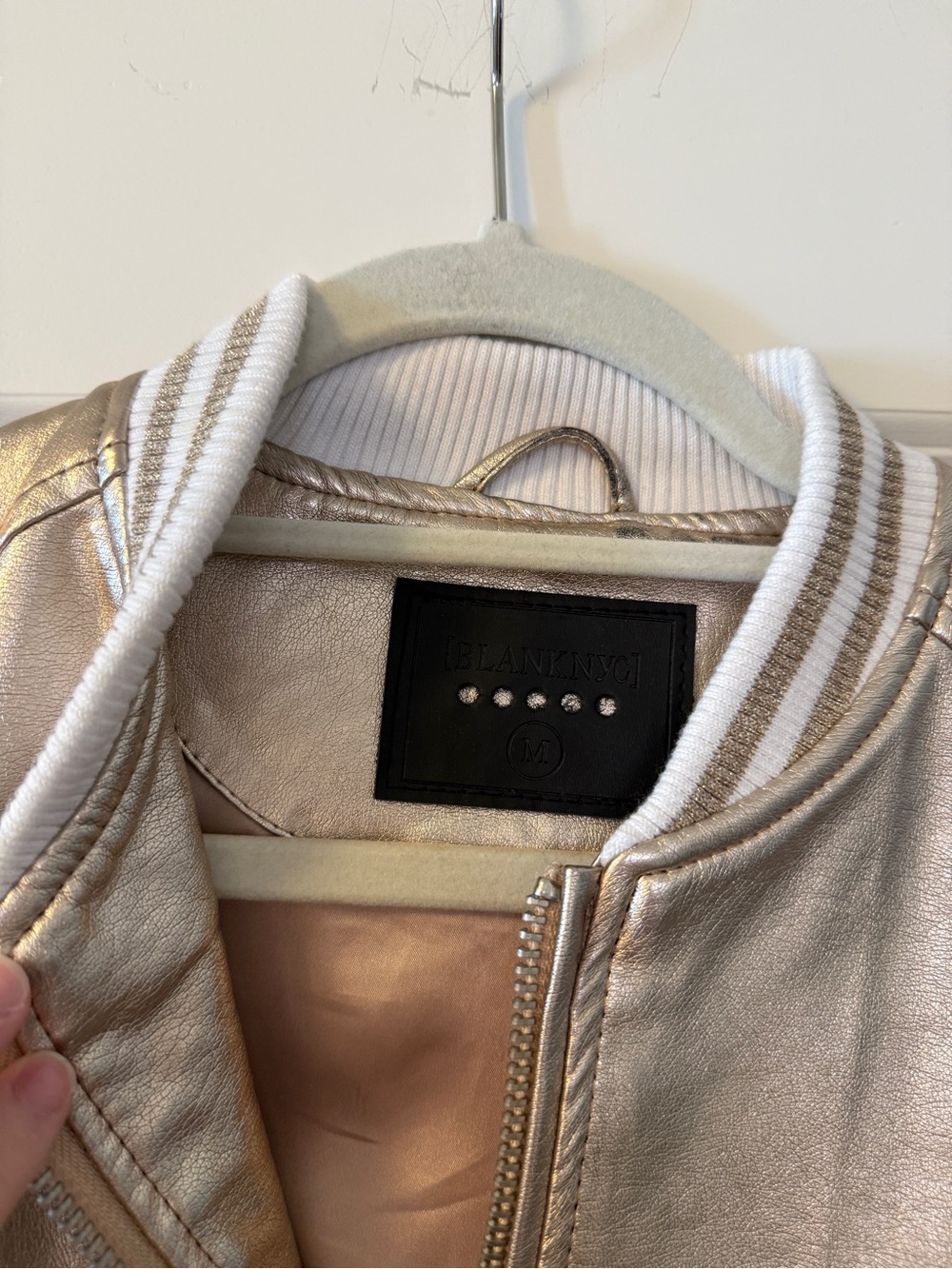 Blank NYC Metallic Rose Gold Bomber Jacket with Contrast Stripe Trim - Picture 2 of 3
